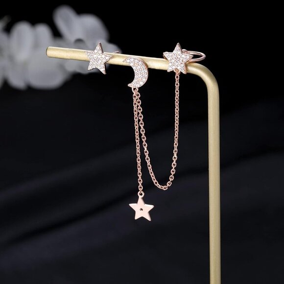 925 Sterling Silver Cuff Earrings Chain for Women Asymmetric Star Moon Earrings - Picture 4 of 7